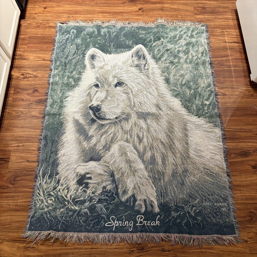 Vintage Gail Adams White Wolf Woven Throw Blanket Spring Break Tapestry 57x45